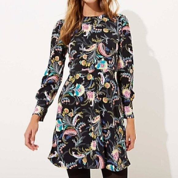 ANN TAYLOR LOFT Floral Flare Dress Black Multi Boho Long Sleeve Fit Flare Dress - Picture 3 of 14